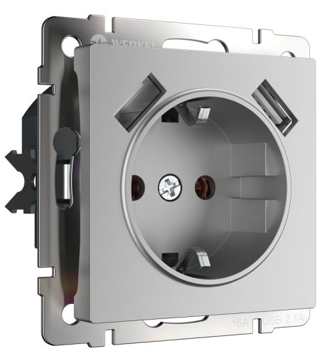 Розетка с заземлением +2хUSB тип A+A без рамки Werkel 1-м. шторки серебряный глянцевый картинка
